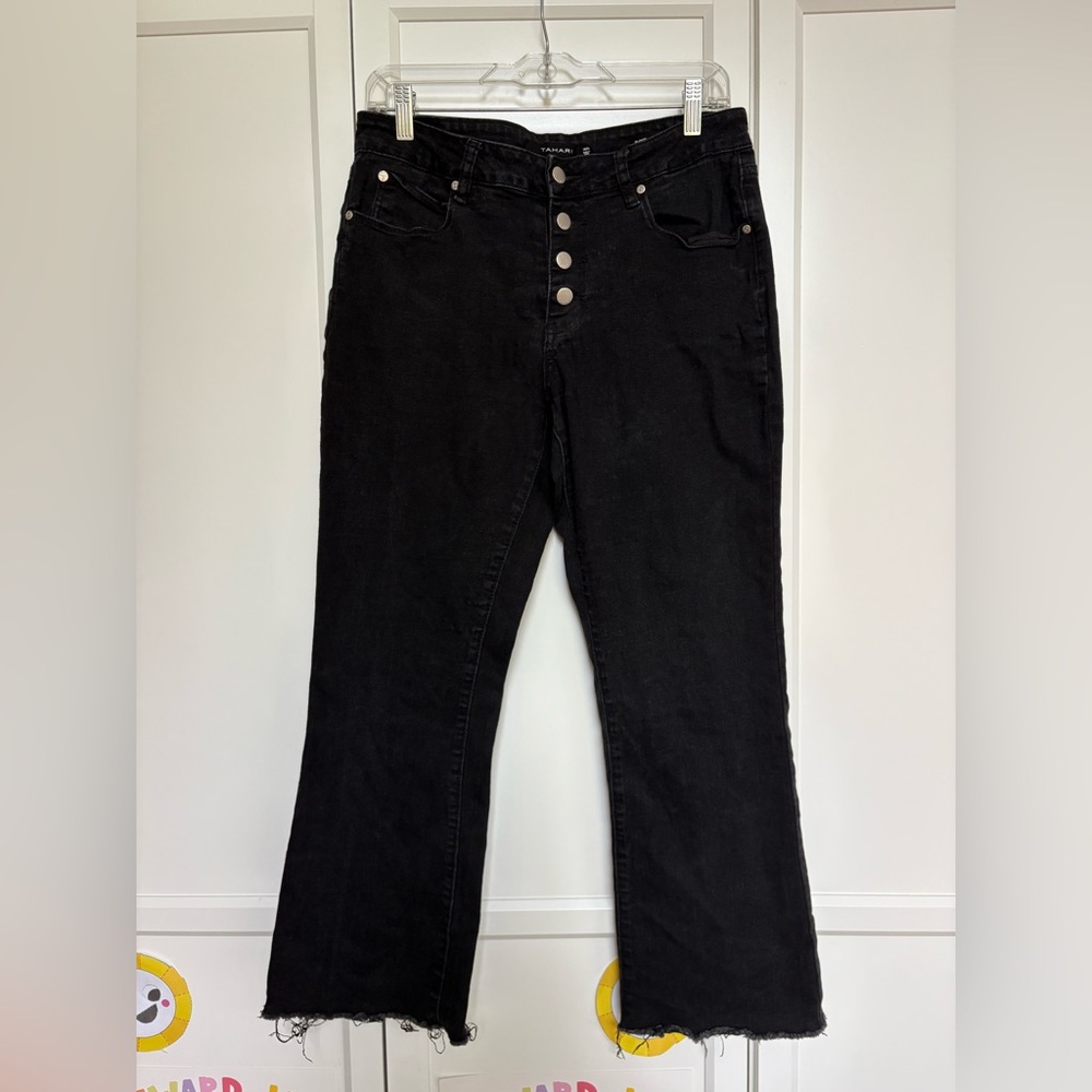 Tahari Black Eloise Mid-Rise Flare Jeans with Button-Fly